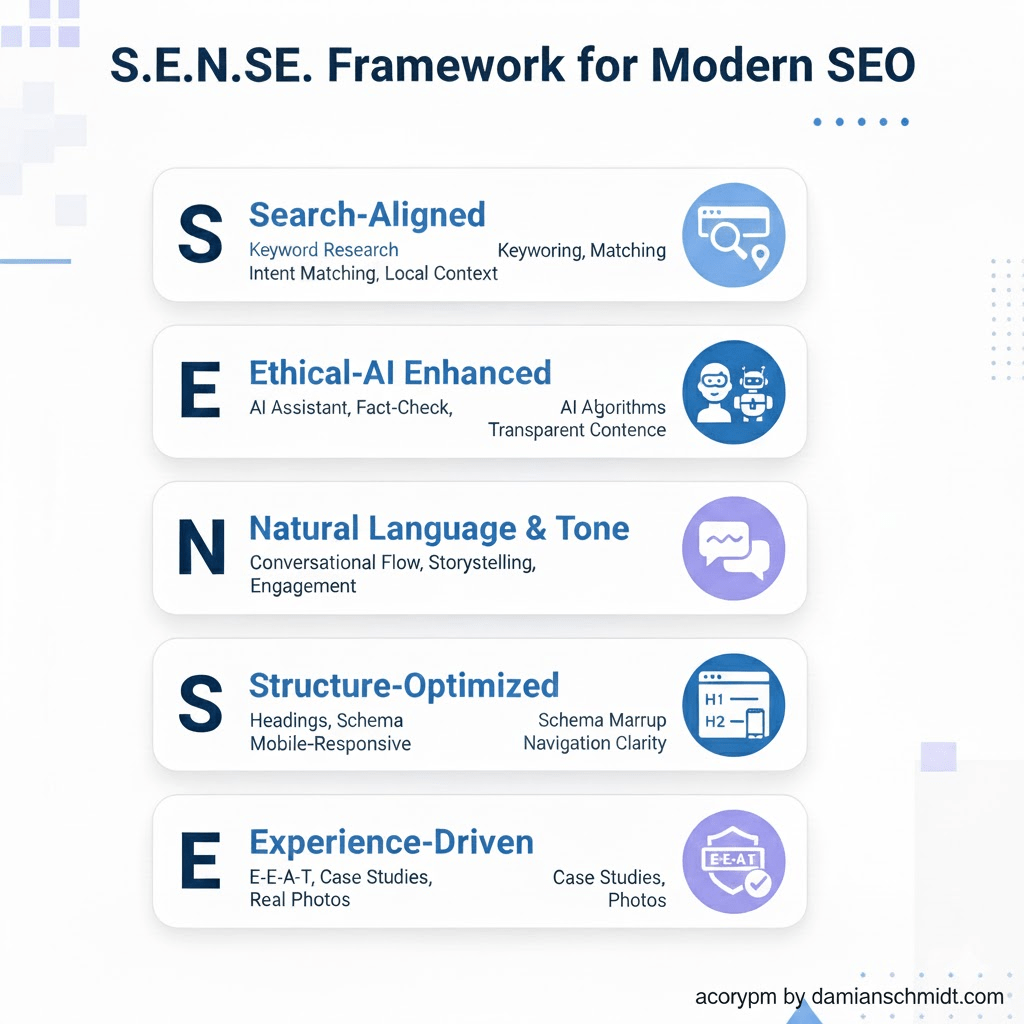 Diagram of the S.E.N.S.E. Framework showing five cyclical pillars: Search-Aligned, Ethical-AI Enhanced, Natural Language & Tone, Structure-Optimized, and Experience-Driven.